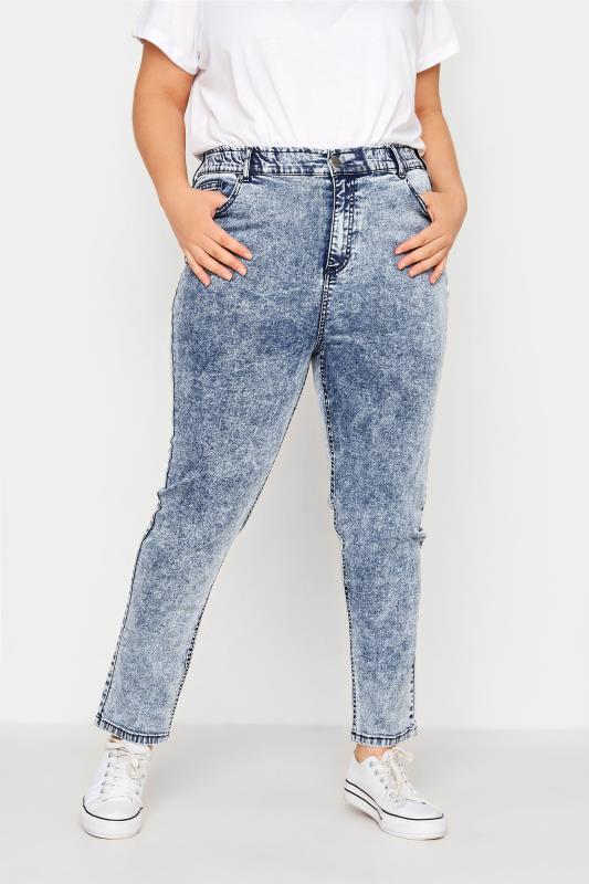 Plus Size  Curve Bleach Blue Stretch Elasticated Waist MOM Jeans