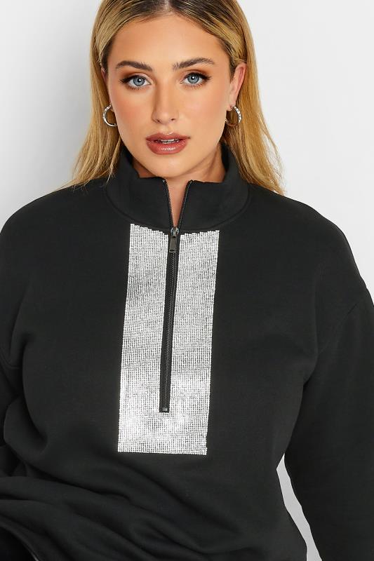Curve Plus Size Black & Silver Sequin Embellished Half Zip Sweatshirt | Yours Clothing  2