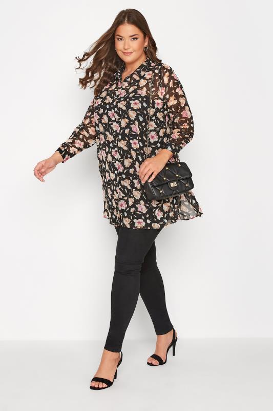 Plus Size Black & Pink Floral Sheer Shirt | Yours Clothing 2