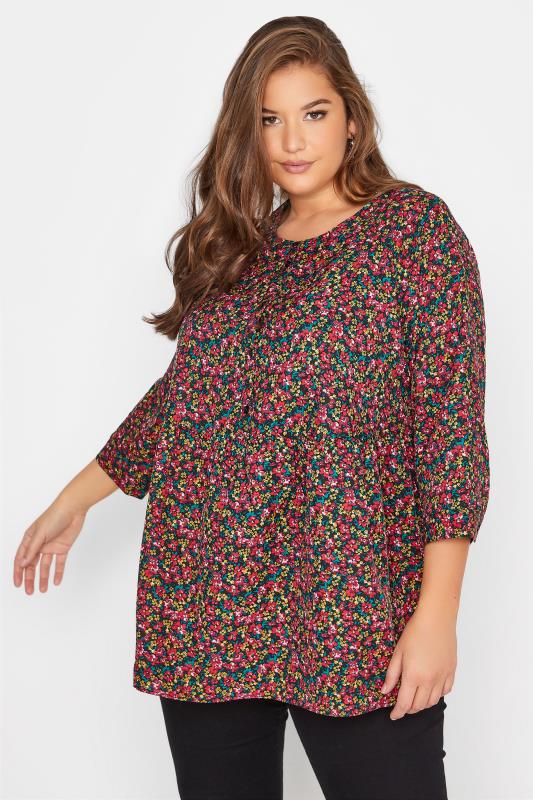  LIMITED COLLECTION Curve Black & Pink Floral Button Front Tunic