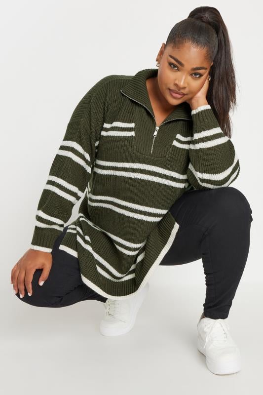 YOURS Plus Size Green Stripe Quarter Zip Knitted Jumper | Yours Clothing 1