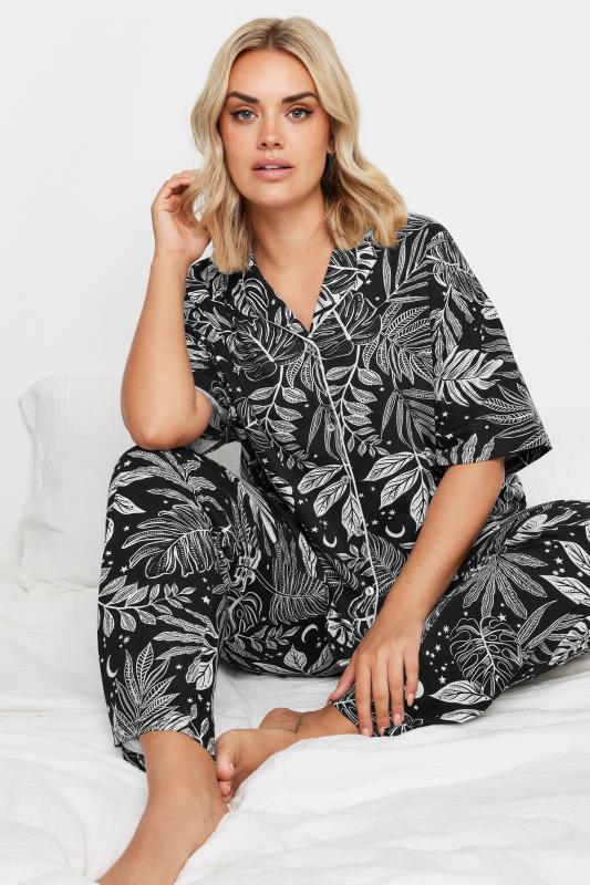 Plus Size  YOURS Curve Black Midnight Palm Print Button Through Pyjama Set