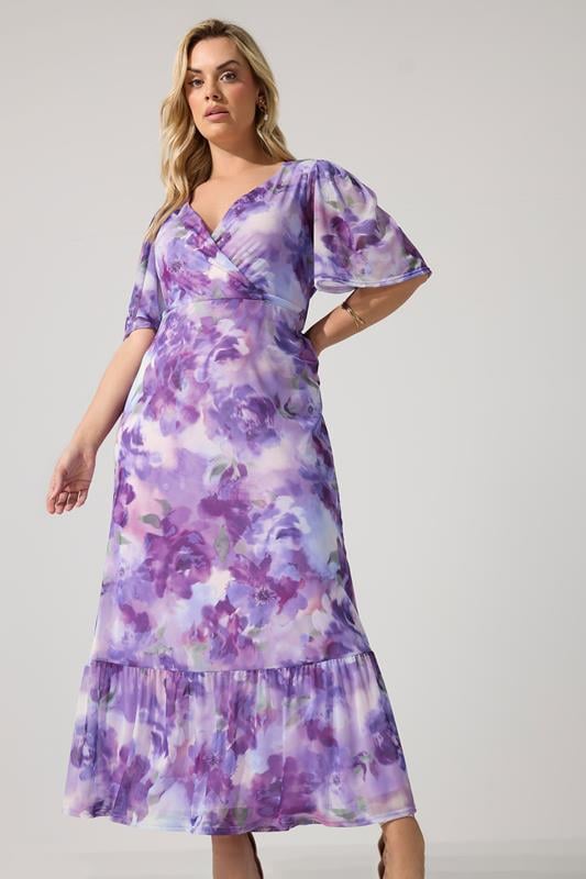 YOURS LONDON Plus Size Purple Floral Wrap Ruffle Hem Dress | Yours Clothing 1
