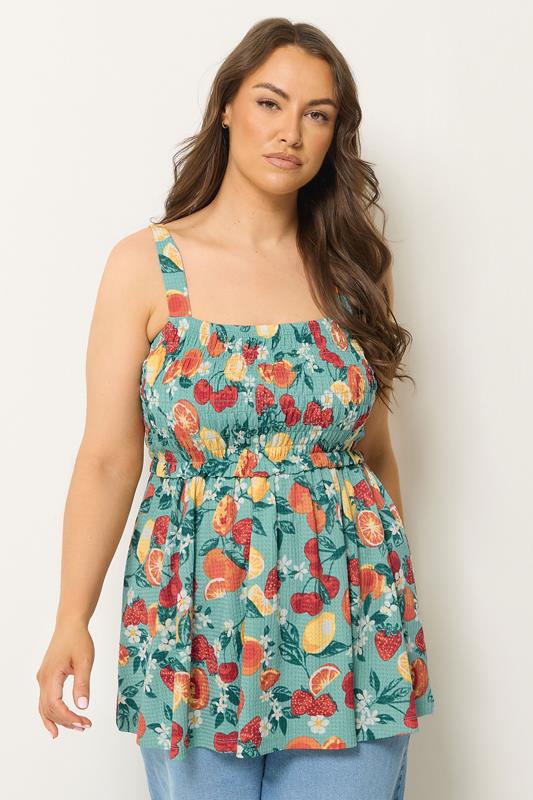  YOURS top sin mangas peplum estampado frutas verde