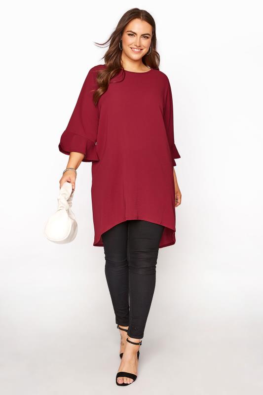 Wine Red Flute Sleeve Tunic Top 