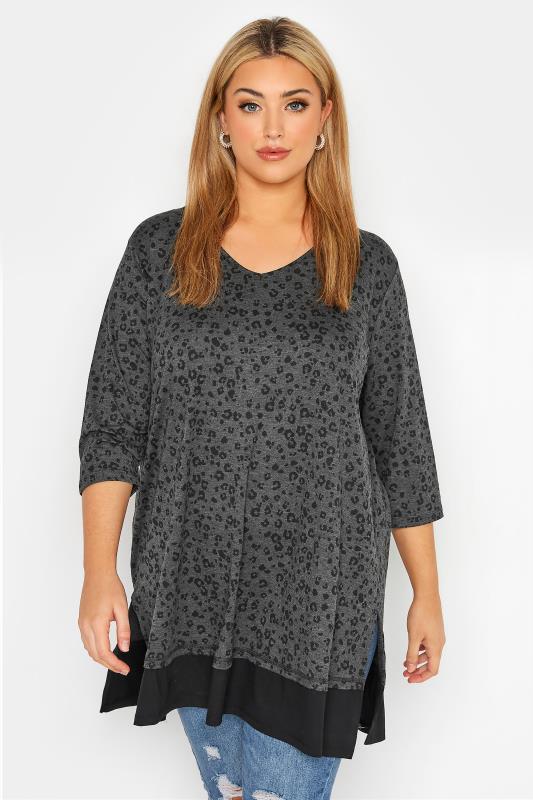 Plus Size Charcoal Grey Leopard Print V-Neck Top | Yours Clothing  1