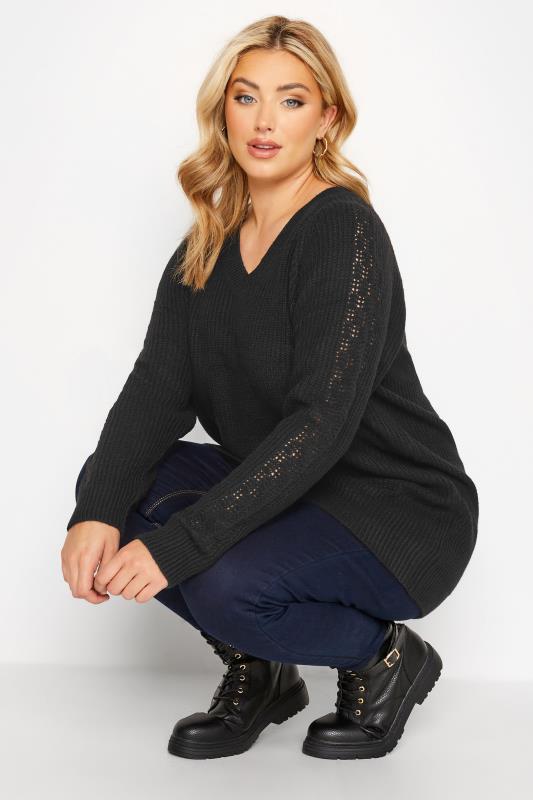 Plus Size Black Pointelle Sleeve V-Neck Knitted Jumper | Yours Clothing 4