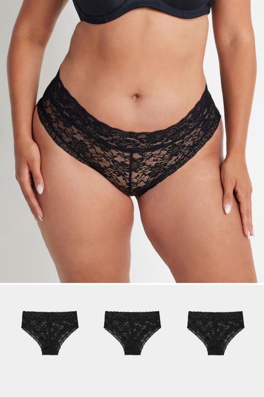 YOURS Plus Size 3 PACK Black Lace Brazilian Briefs | Yours Clothing  1