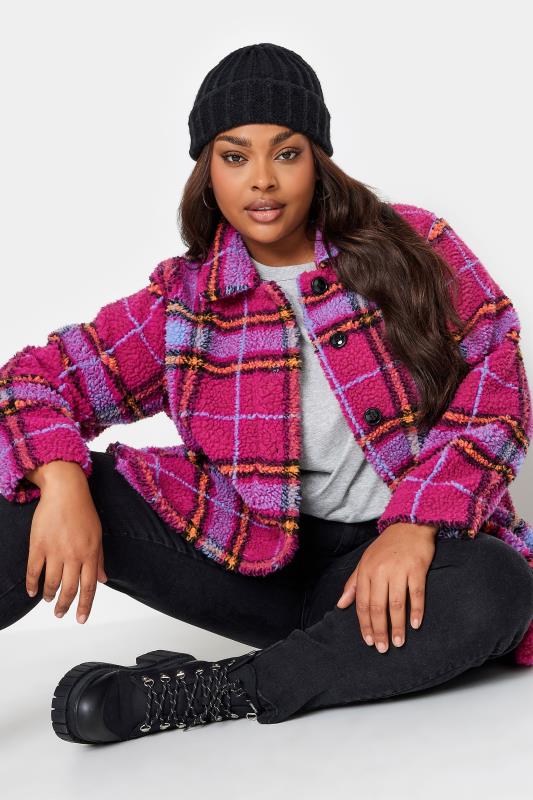  Grande Taille YOURS Curve Pink Check Print Button Through Fleece