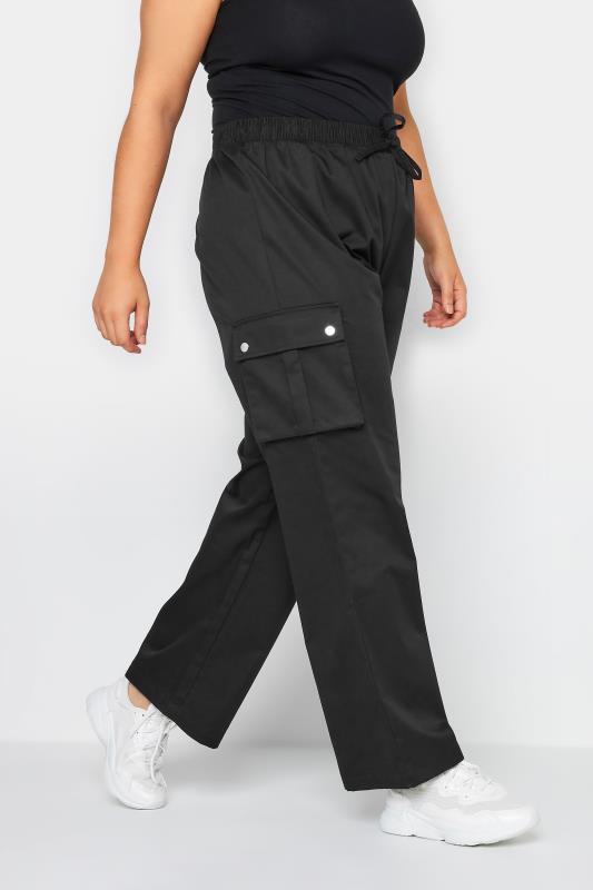 YOURS Curve Black Wide Leg Woven Cargo Trousers | Yours Clothing 2