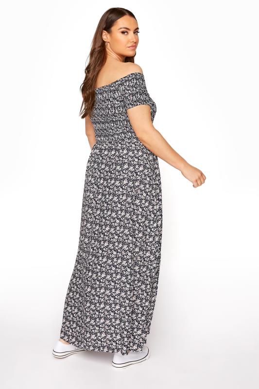 Navy Ditsy Floral Shirred Bardot Maxi Dress | Yours Clothing