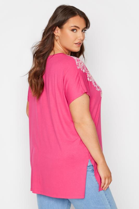 Plus Size Pink Aztec Embroidered T-Shirt | Yours Clothing 3