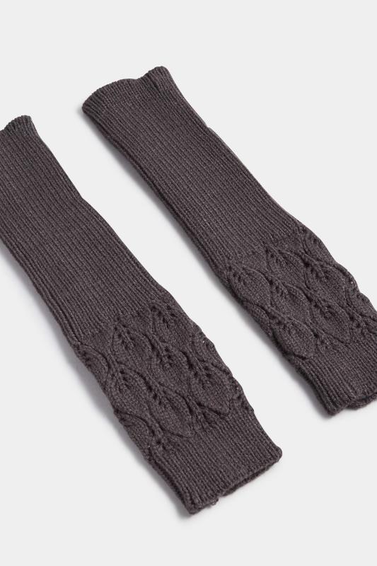 Charcoal Grey Leaf Knitted Hand Warmer Gloves | Yours Clothing 3