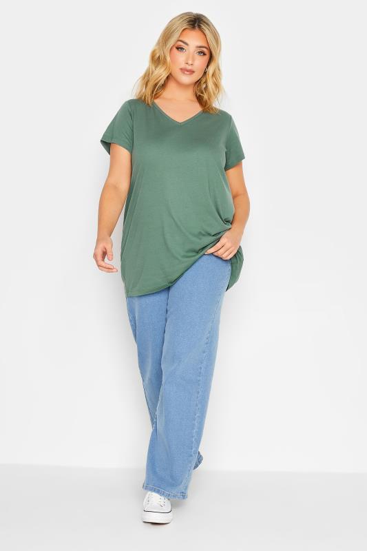 YOURS Plus Size Sage Green Essential V-Neck T-Shirt | Yours Clothing 2