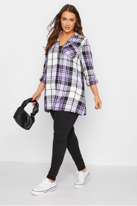 Plus Size Lilac Purple Zip Check Shirt | Yours Clothing  2