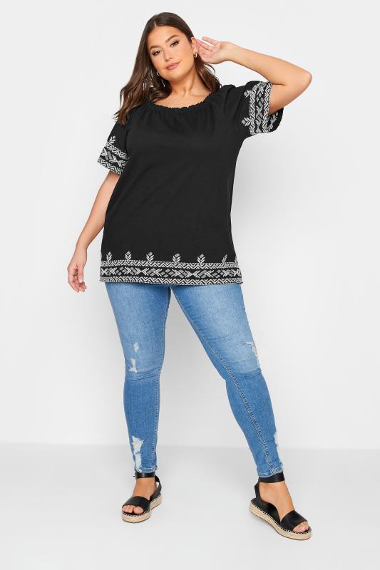 YOURS Plus Size Black Embroidered Hem Bardot Top | Yours Clothing 2
