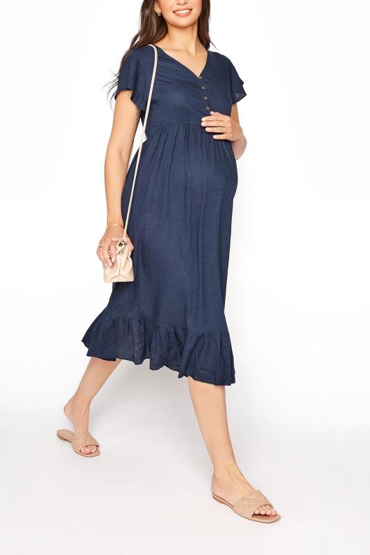 LTS Tall Maternity Navy Blue Linen-blend Dress_B.jpg