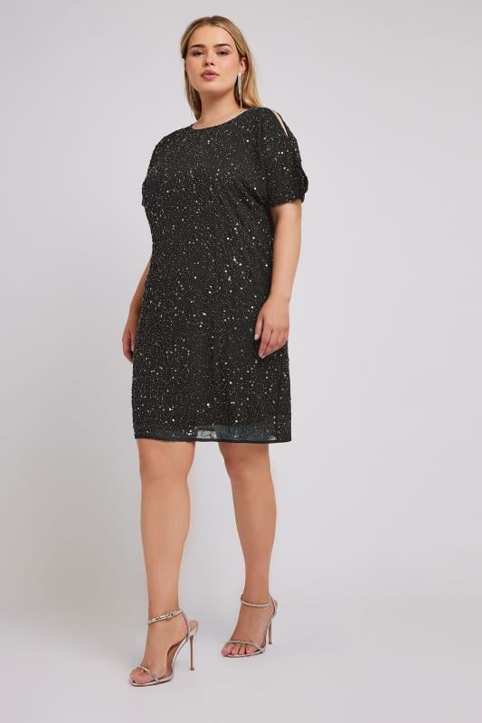 Plus Size LUXE Curve Black Sequin Hand Embellished Cold Shoulder Cape Dress  | Yours Clothing