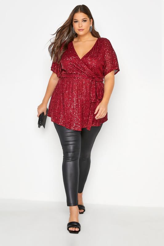YOURS LONDON Red Sequin Embellished Wrap Top_B.jpg