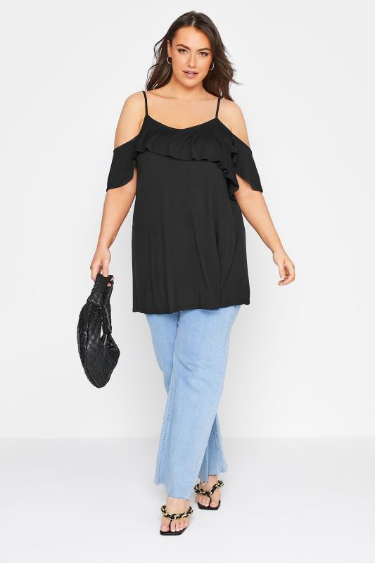 Plus Size Black Frill Cold Shoulder Top | Yours Clothing  2