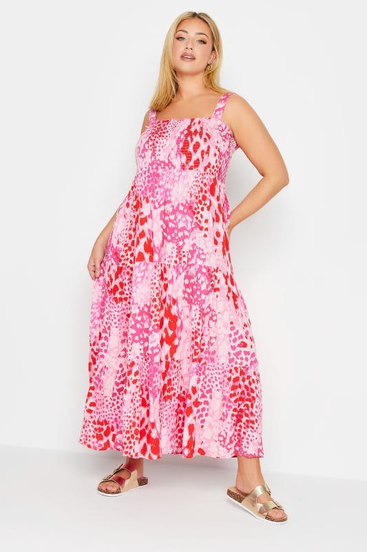 YOURS Plus Size Pink Animal Markings Shirred Strappy Sundress | Yours Clothing 1