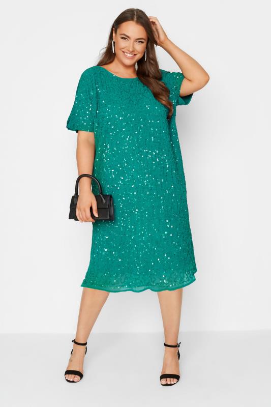  LUXE Curve Teal Blue Sequin Hand Embellished Cape Dress