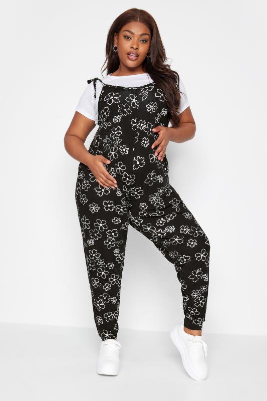 BUMP IT UP MATERNITY Plus Size Black Floral Print Jumpsuit | Yours Clothing 2