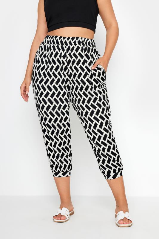YOURS Plus Size Blue Abstract Print Textured Cropped Harem Trousers | Yours Clothing 1