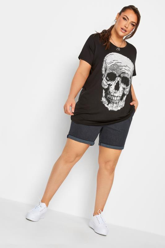 YOURS Curve Plus Size Black Stud Embellished Skull Print T-Shirt | Yours Clothing  2