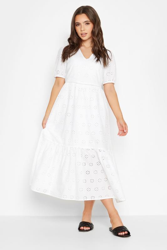 Petite White Broderie Short Sleeve Maxi Dress | PixieGirl 1
