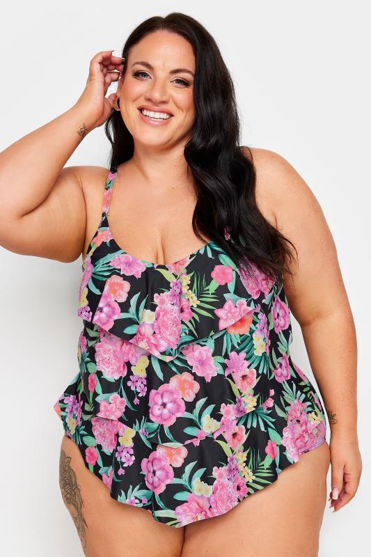 YOURS Plus Size Black Floral Print Frill Tummy Control Swimsuit | Yours Clothing 2