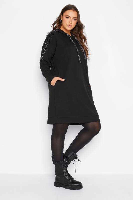 Plus Size Black Embellished Hoodie Dress | Yours Clothing 1