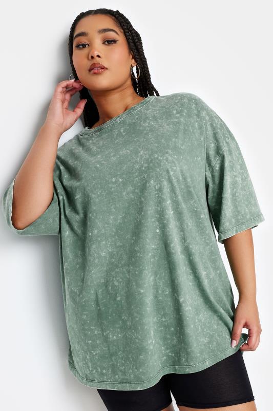 Plus Size  YOURS Curve Green Acid Wash Boxy T-Shirt