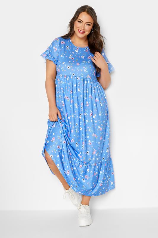 LIMITED COLLECTION Plus Size Blue Ditsy Print Frill Sleeve Maxi Dress | Yours Clothing 2