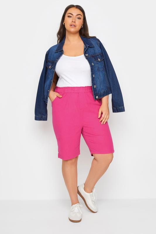 YOURS Plus Size Hot Pink Elasticated Cool Cotton Shorts | Yours Clothing 2