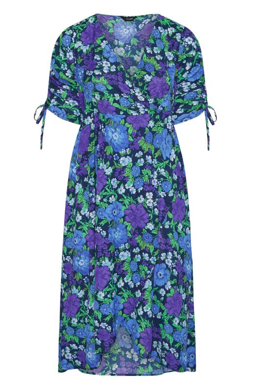 LIMITED COLLECTION Curve Blue Floral Ruched Sleeve Wrap Dress 6