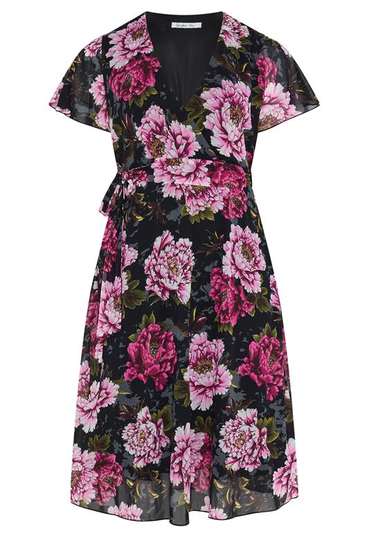 YOURS LONDON Plus Size Black & Pink Floral Wrap Dress | Yours Clothing 5
