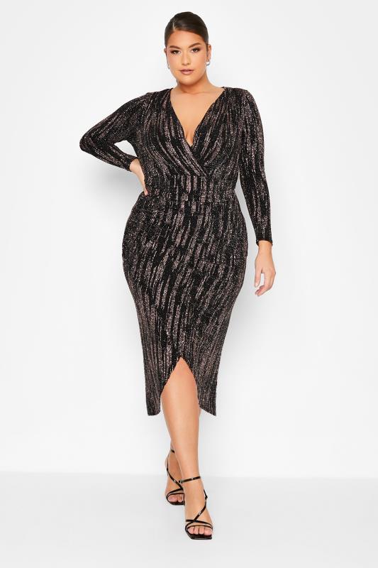 YOURS LONDON Plus Size Black Glitter Stripe Midi Wrap Dress | Yours Clothing 3