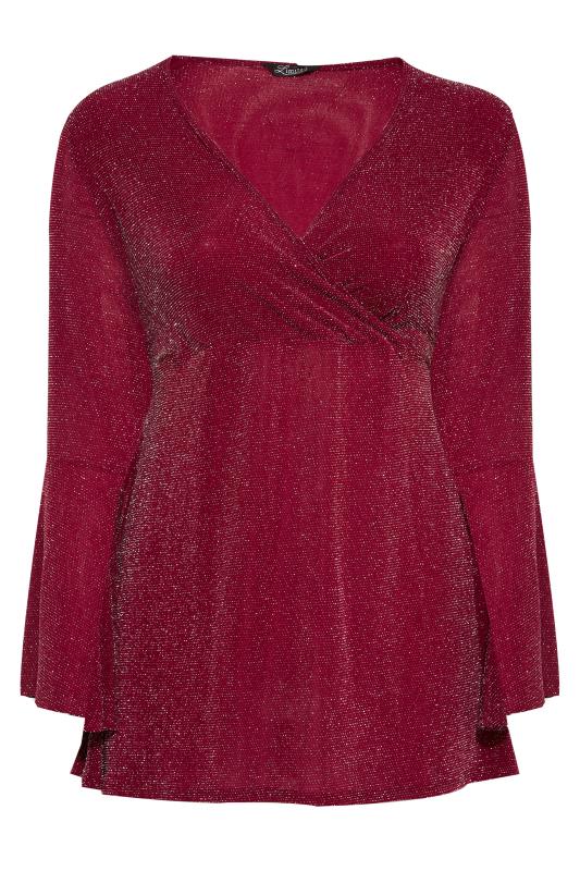 LIMITED COLLECTION Wine Red Glitter Flare Sleeve Wrap Top_F.jpg