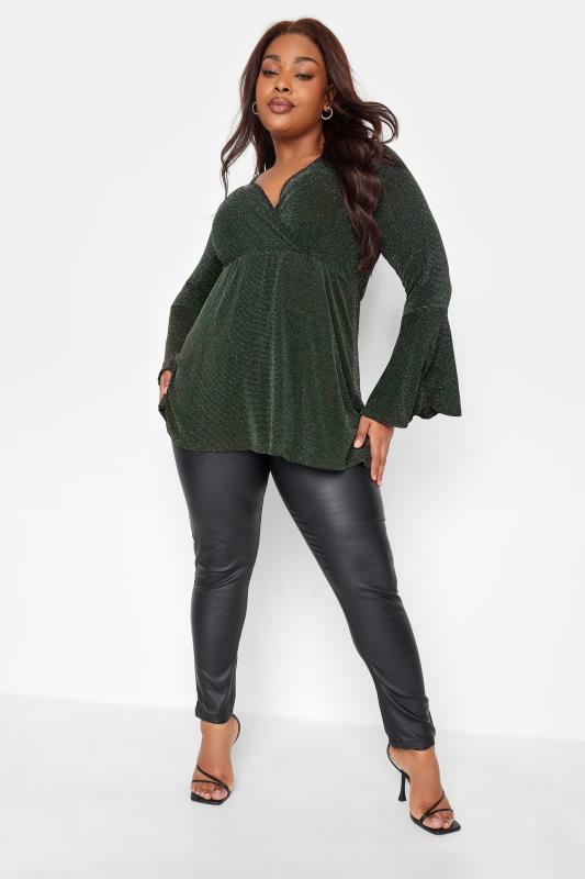 LIMITED COLLECTION Plus Size Forest Green Glitter Flare Sleeve Wrap Top | Yours Clothing 2