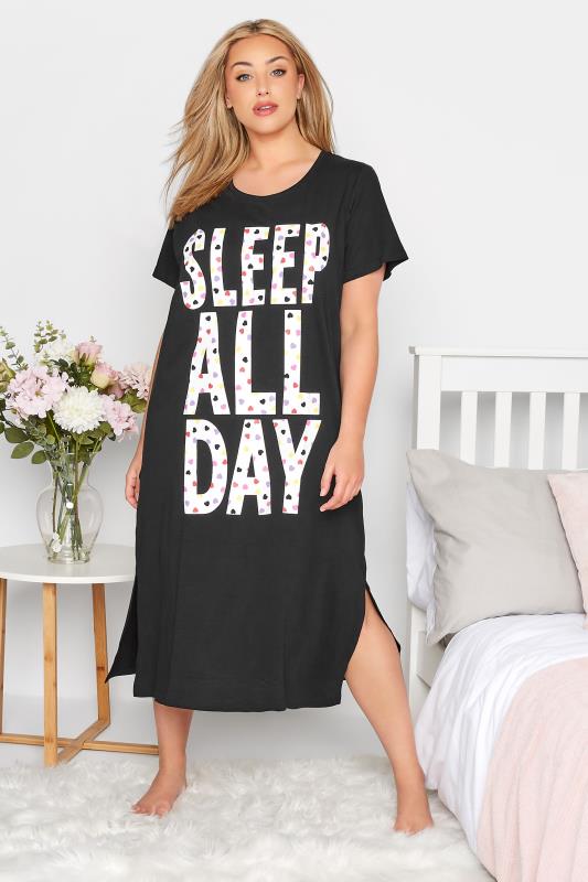  Grande Taille Curve Black 'Sleep All Day' Slogan Nightdress