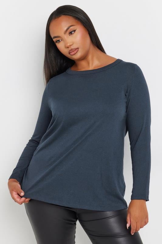 Plus Size  YOURS Curve Navy Blue Marl Long Sleeve Top