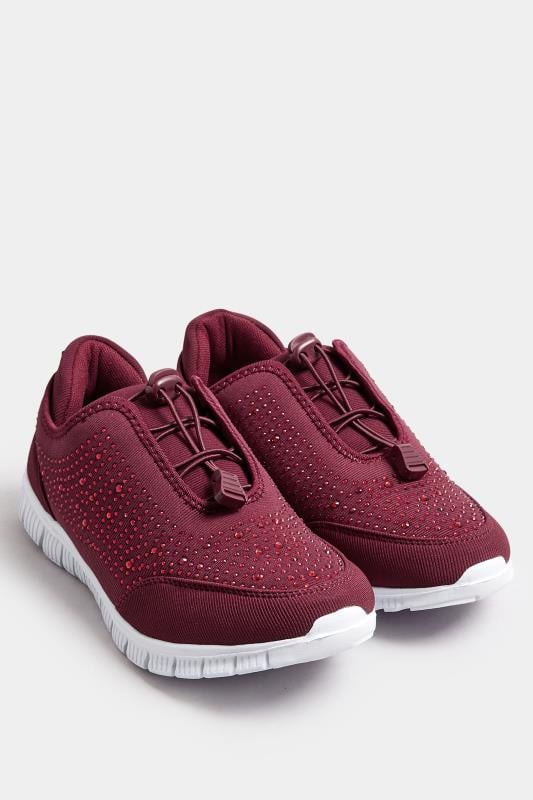 Burgundy Red Embellished Trainers In Extra Wide EEE Fit | Yours Clothing  2