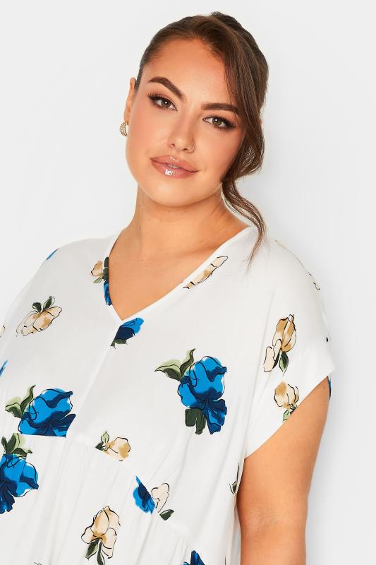 YOURS Plus Size White & Blue Floral Print Peplum Blouse | Yours Clothing 4