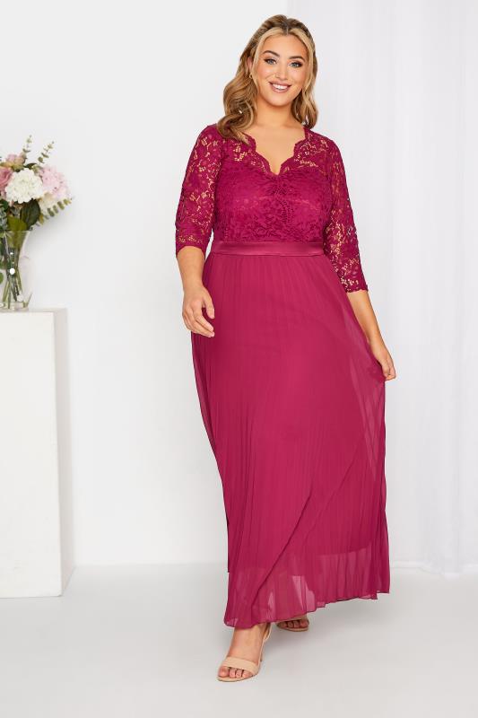 Großen Größen  YOURS LONDON Curve Burgundy Red Lace Pleated Bridesmaid Maxi Dress