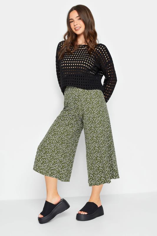 PixieGirl Khaki Green Ditsy Print Cropped Wide Leg Trousers | PixieGirl  2