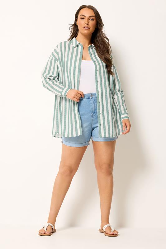 YOURS Plus Size Light Green Stripe Linen Shirt | Yours Clothing 2