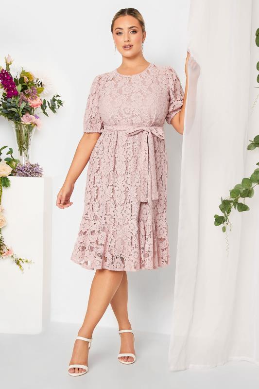 YOURS LONDON Plus Size Curve Light Pink Floral Lace Skater Dress | Yours Clothing  1