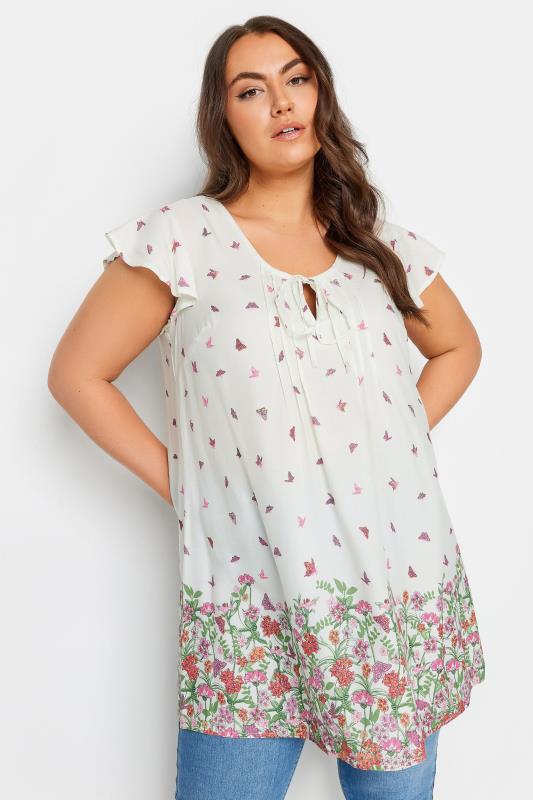 YOURS Plus Size White Floral Butterfly Print Blouse | Yours Clothing 1