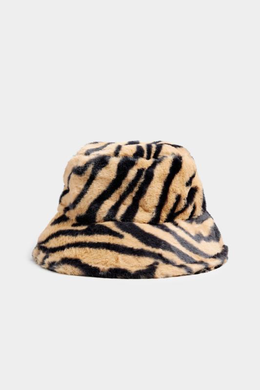 Plus Size Brown Zebra Print Faux Fur Bucket Hat | Yours Clothing 1